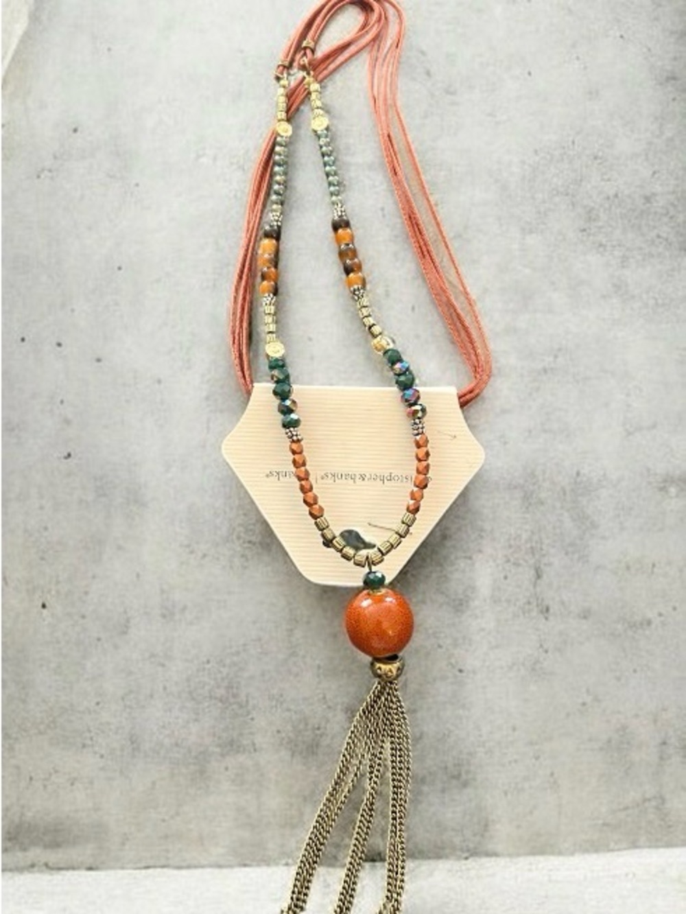 Christopher & Banks Orange Beaded Tassel Necklace with Gold Accents